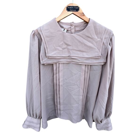 Josephine Tops - Josephine Women's Vintage Career Blouse Pleated Long Sleeve Beige Size 12